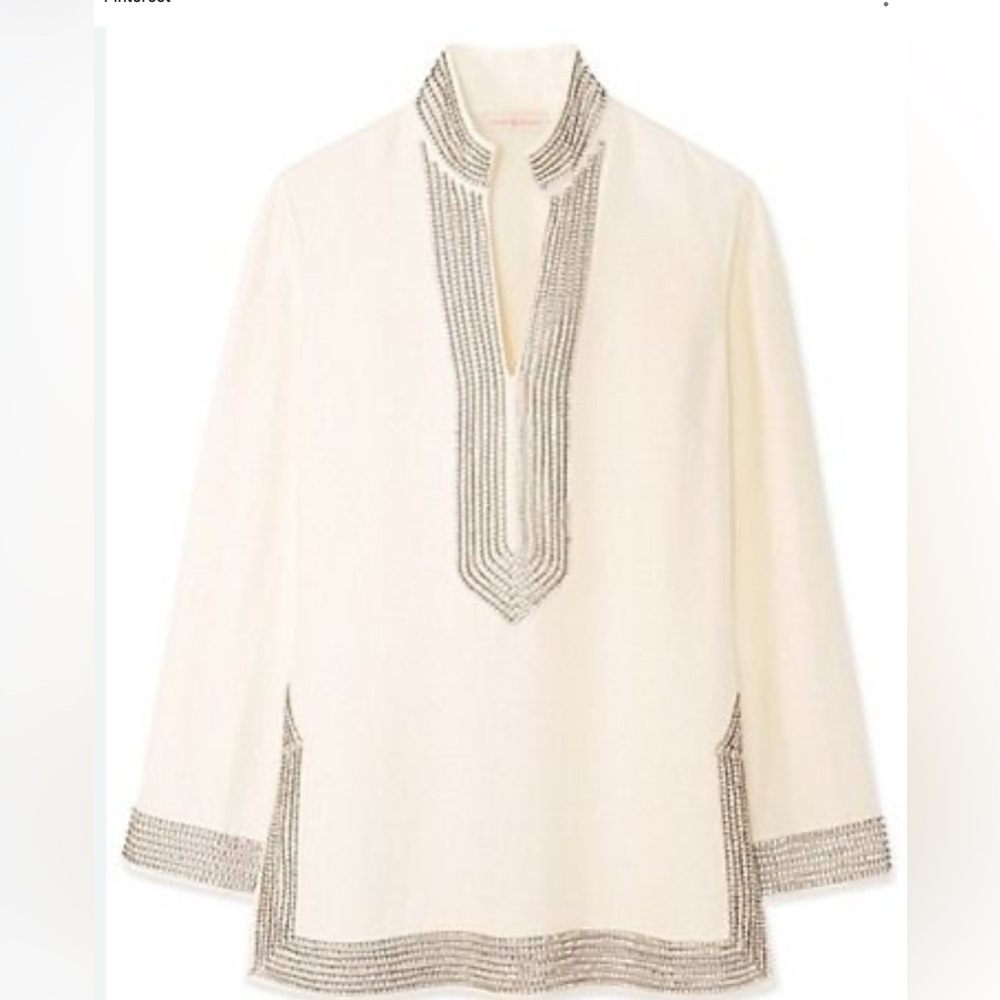 Tory Burch Elegant Cream Tunic Blouse with Long Sleeves and Rhinestone accents